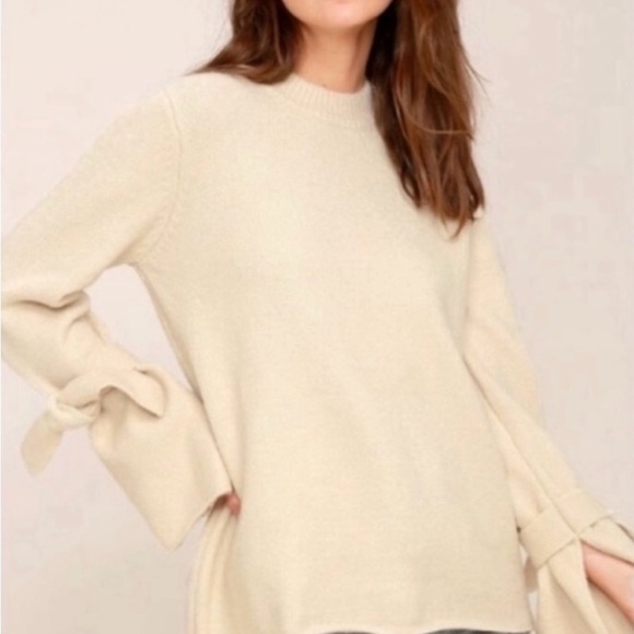 Anthropologie J.O.A. Oversized Tie Sleeve Fisherman Chunky Sweater Knit Cream XS - Picture 2 of 9